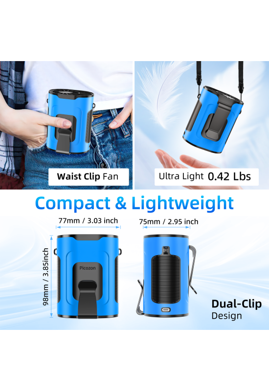 Picozon Portable Smart AI Fan, Rechargeable 4 Speeds Hands-free Wearable Waist Clip Necklace Fan - Blue
