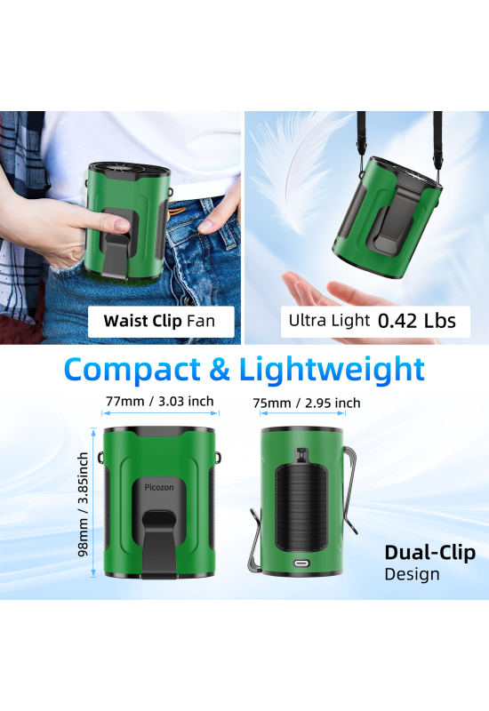 Picozon Portable Smart AI Fan, Rechargeable 4 Speeds Hands-free Wearable Waist Clip Necklace Fan - Green