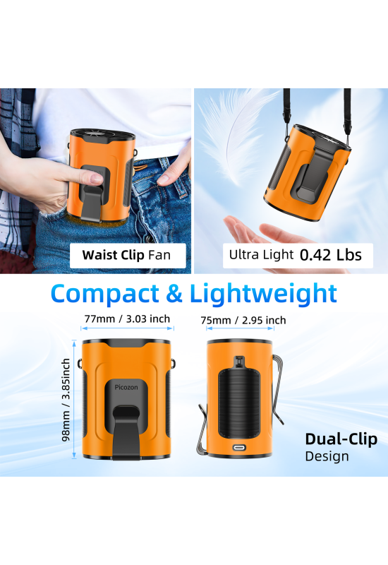 Picozon Portable Smart AI Fan, Rechargeable 4 Speeds Hands-free Wearable Waist Clip Necklace Fan - Orange